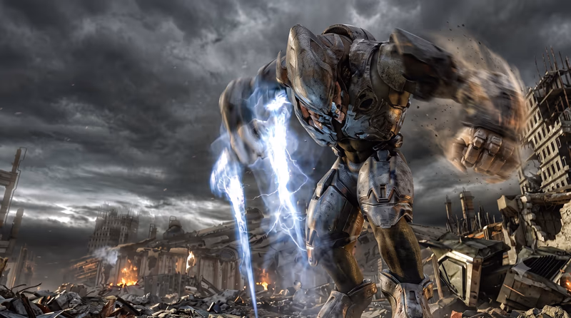 The Covenant Arbiter Ripa 'Moramee from Halo Wars charges forward through a destroyed, dusty city battlefield, wielding a glowing blue energy sword under dark, stormy skies.