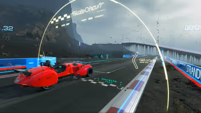 A bright red Roadster sports car racing on the holographic Fragile Circuit track in the game Death Stranding Director's Cut.