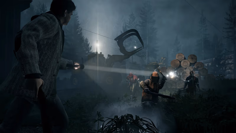 Alan Wake shining a bright flashlight beam at a shadowy lumberjack enemy attacking him in a dark, foggy logging camp.