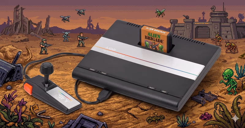 Atari 7800 console with Alien Brigade cartridge and joystick against a retro pixel art sci-fi background.