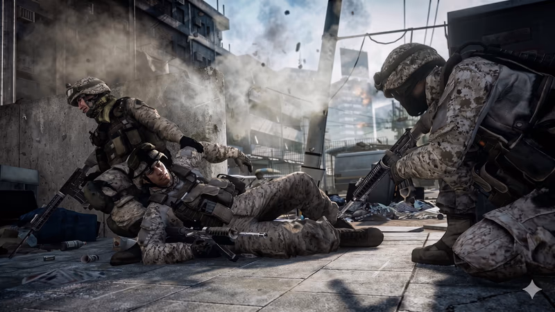 Some soldiers fighting and a soldier down on combat