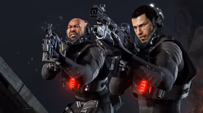Dan Marshall and Big Bo aiming assault rifles in high-tech combat gear in Binary Domain.