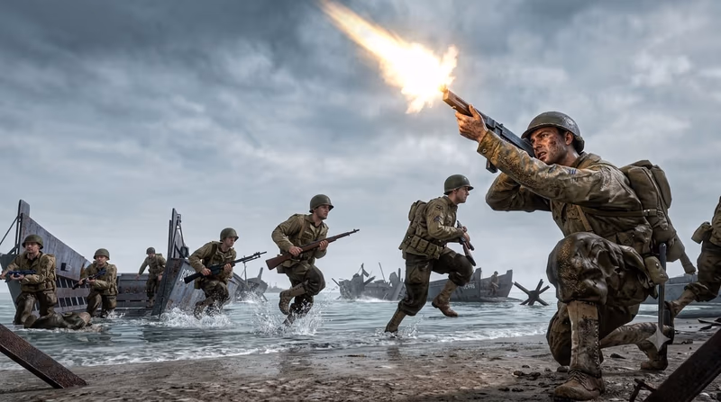 US World War II soldiers storming a beach from landing craft during D-Day, with an infantryman firing a weapon in the foreground