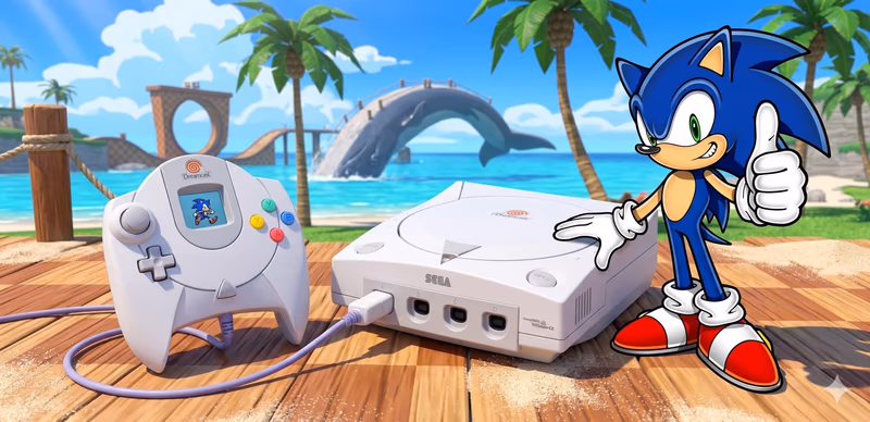 A top-down view of a classic white Sega Dreamcast console and its connected controller on a dark surface with subtle neon lighting.