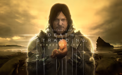 Promotional art for the game Death Stranding Director's Cut, showing character Sam Porter Bridges looking forward while cupping a small fetus (BB) in his hands.