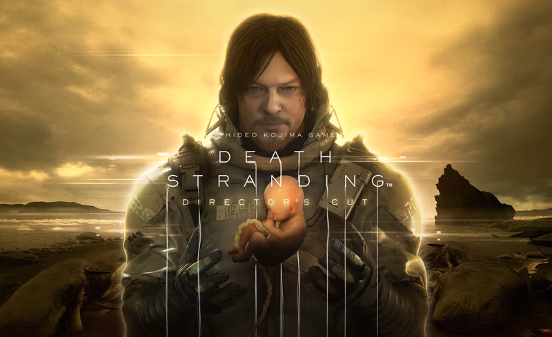Promotional art for the game Death Stranding Director's Cut, showing character Sam Porter Bridges looking forward while cupping a small fetus (BB) in his hands.