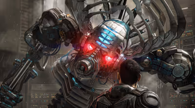 A massive futuristic cyborg with glowing red eyes and blue visor lights towering over a human soldier in a sci-fi industrial facility