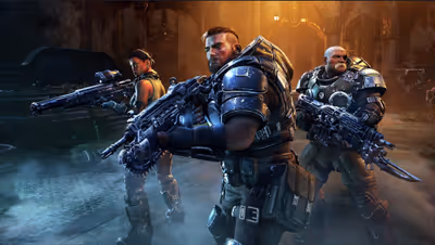 Gabe Diaz, Mikayla Dorn, and Sid Redburn standing armed with rifles in full armor inside a dimly lit ruined corridor in Gears Tactics.