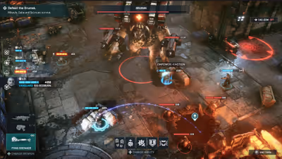 Turn-based tactical combat in Gears Tactics showing squad members Sid Redburn, Gabe Diaz, and Mikayla facing off against a massive Brumak boss in an urban arena.