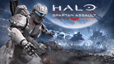 Official key artwork for Halo: Spartan Assault, featuring Spartan IV Commander Sarah Palmer deployed against Covenant forces