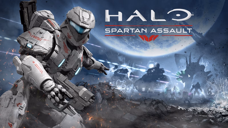Official key artwork for Halo: Spartan Assault, featuring Spartan IV Commander Sarah Palmer deployed against Covenant forces