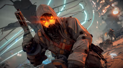 Hooded Helghast soldier with glowing orange eyes holding a weapon in a futuristic battlefield from Killzone: Shadow Fall.