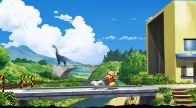Shin-chan and his dog running on a bridge with a dinosaur in the distance.