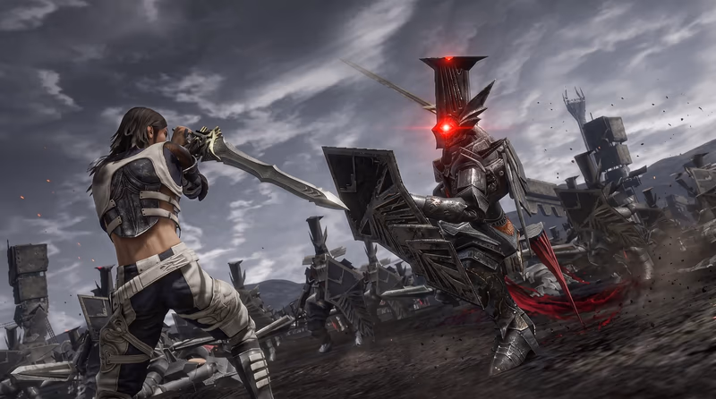 Kaim Argonar fighting an armored enemy soldier on a battlefield in the video game Lost Odyssey.