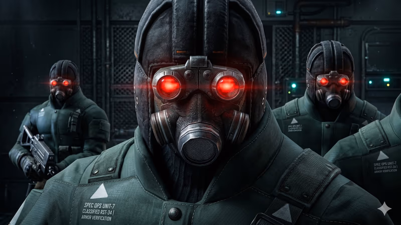 Three Spec Ops Unit 7 soldiers in full thermal gear crouch in the snow, waiting to ambush Akrid aliens during Lost Planet: Extreme Condition's opening sequence.