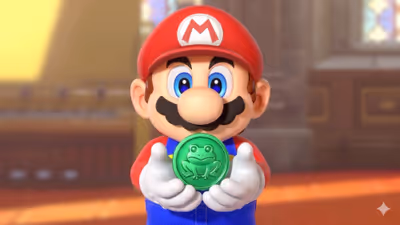 Mario holding a green Frog Coin in both hands from the Super Mario RPG remake.