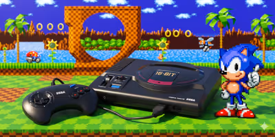 A top-down view of a classic black Sega Mega Drive console and its 3-button controller on a dark surface with subtle neon pink and blue lighting.