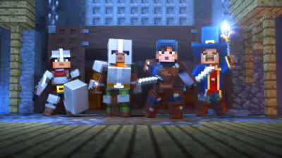 Four Minecraft Dungeons heroes in armor holding weapons and a glowing magic staff in front of a fortress gate.