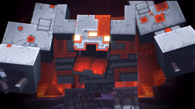 Redstone Monstrosity boss standing in the Fiery Forge with glowing redstone core and eyes in Minecraft Dungeons.