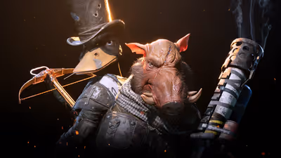 Mutant Year Zero: Road to Eden protagonists Dux, an anthropomorphic duck with a top hat and crossbow, and Bormin, a mutant boar holding a shotgun.
