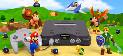 A top-down view of a classic charcoal gray Nintendo 64 console and its light grey controller on a dark surface with subtle neon pink and blue lighting