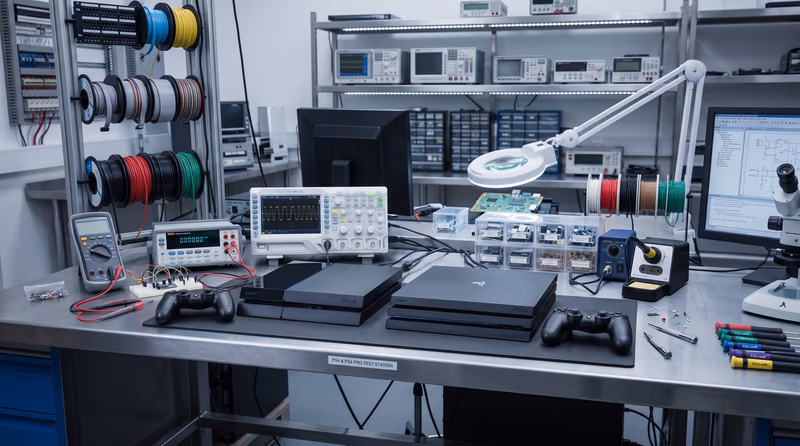 PlayStation 4 and PS4 Pro consoles side-by-side with controllers on an electronics workbench.