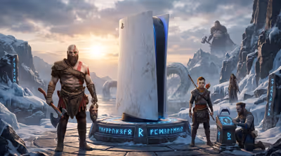 A creative composition featuring the PlayStation 5 console placed on a glowing runic stone pedestal in a snowy landscape.