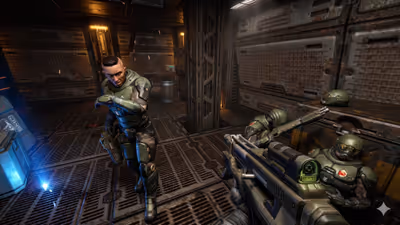 First-person view in Quake 4 holding a rifle, with Rhino Squad space marines inside a dark metallic Strogg facility.