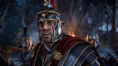 Close-up of Roman centurion Marius Titus wearing ornate black and gold armor and a crested helmet, flanked by legionaries in a dark forest from Ryse: Son of Rome.
