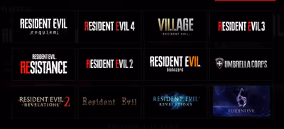 "A dark interface grid displaying twelve video game logos from the Resident Evil franchise, including Resident Evil Village, Resident Evil 4, and Resident Evil 2