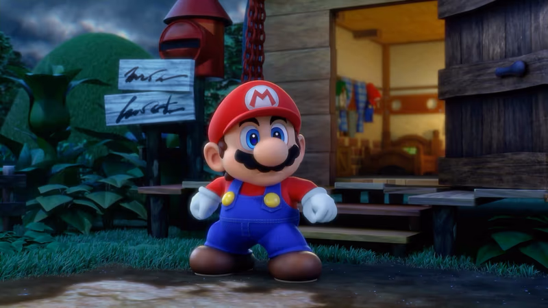 Mario standing outside his house at dusk in the Super Mario RPG remake.