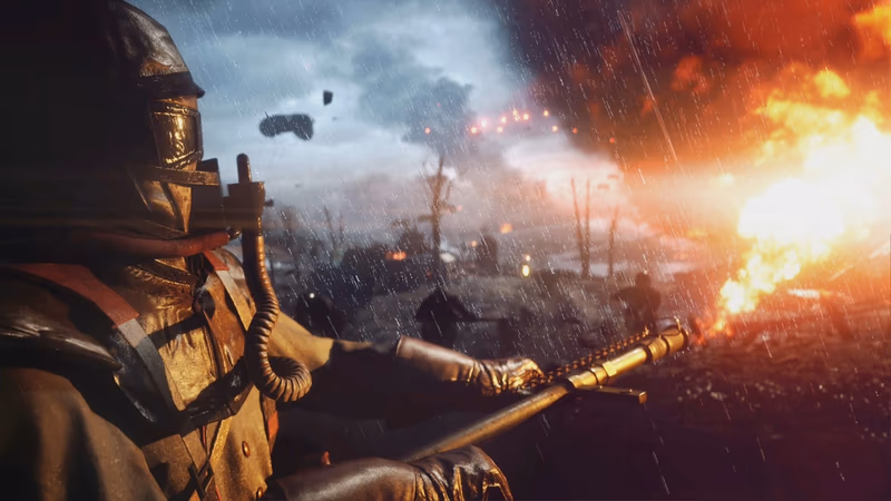 Gas-masked WWI soldier with a flamethrower faces a massive explosion on a dark, rainy trench battlefield in Battlefield 1.