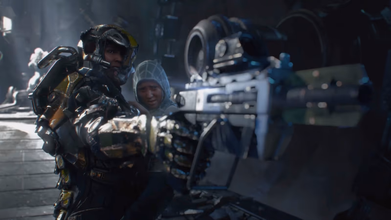 A heavily armored sci-fi soldier aiming a large futuristic rifle toward the camera while protecting a frightened, hooded civilian hiding behind her.