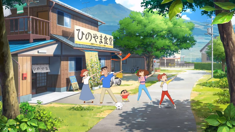 Shin-chan and his family doing morning exercises in front of a rural restaurant on a sunny day.