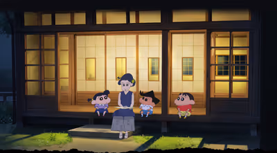 Shin-chan and friends listen to a woman reading from a book on a lit traditional Japanese engawa at night.