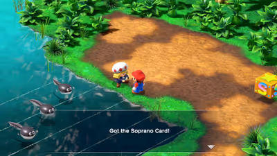 Mario receiving the Soprano Card from the composer Toadofsky at Melody Bay in the Super Mario RPG remake.