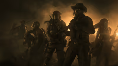 Concept art from Wasteland 2 featuring a squad of heavily armed Desert Rangers standing together in a dusty, dark post-apocalyptic wasteland.