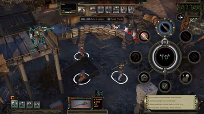 Isometric screenshot of Wasteland 2 tactical turn-based combat, showing a sniper highlighted in blue on an elevated wooden platform, enemies behind sandbags