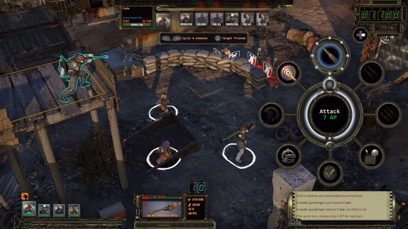 Isometric screenshot of Wasteland 2 tactical turn-based combat, showing a sniper highlighted in blue on an elevated wooden platform, enemies behind sandbags