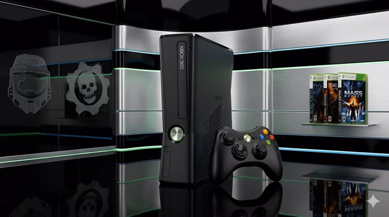 A black Xbox 360 console standing vertically next to its black controller on a reflective black surface in a modern, metallic-looking room.